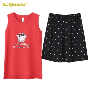 

Red Cartoon Printing Crew Neck Woman Clothes Sleepwear Casual Summer Pajamas Set Pj Set Summer Pajamas for Woman Sleeveless