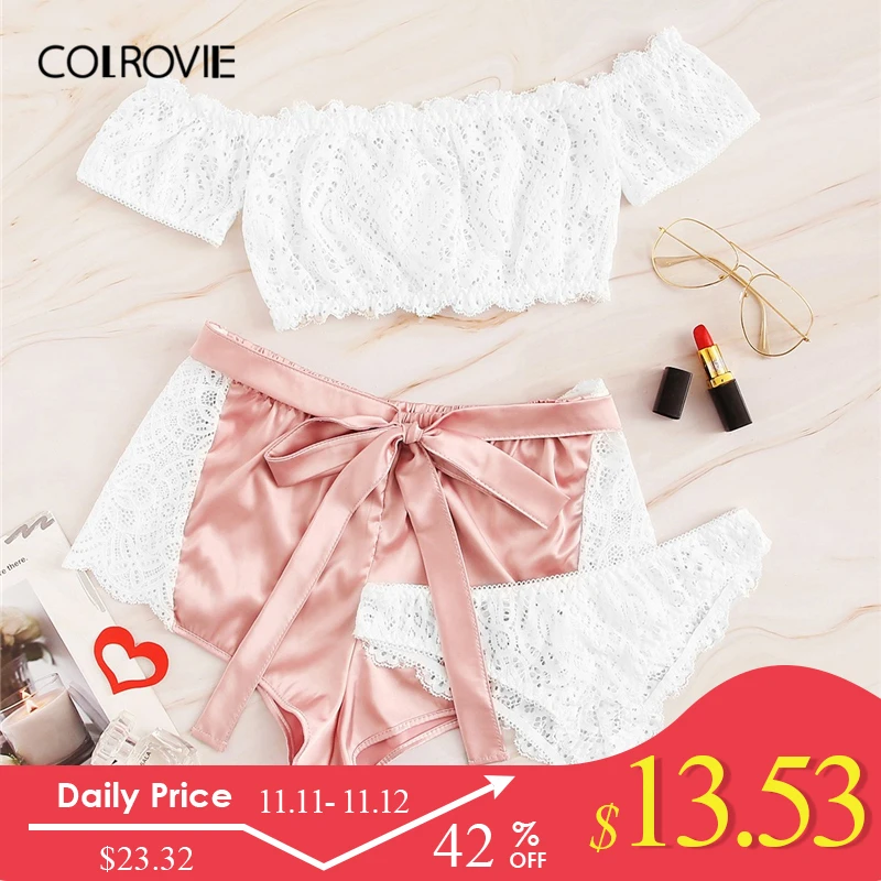 Kaufen COLROVIE Floral Spitze Bardot Dessous Set Mit Satin Shorts 3pack Sexy Pyjama Set Frauen 2019 Sommer Nachtwäsche Weibliche Nachthemd