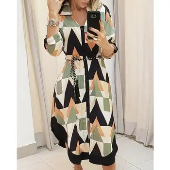 

2020 Women Casual Dress Fashion Wave Pattern Split Hem Long Sleeve Shirt Dress For Women Turn-Down Collar Loose Maxi Dress Lady