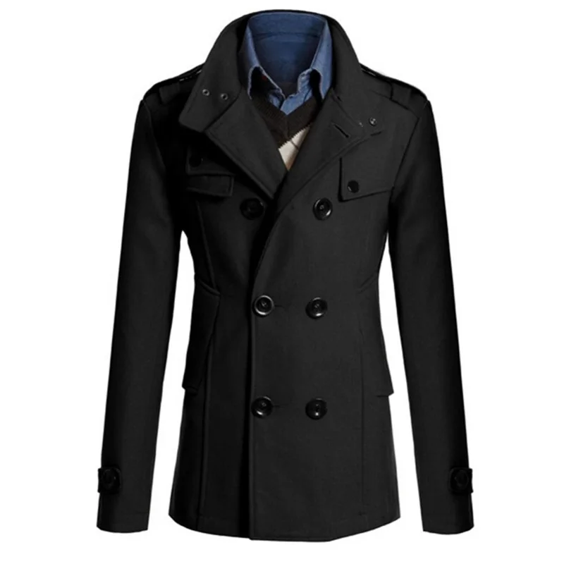 Mens New Winter Warm Trench Woolen Coat Slim Casual Reefer Jackets Solid Stand Collar Double Breasted Peacoat parka
