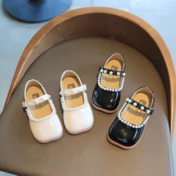 Chaussures de printemps pour filles, chaussures de fête en cuir, à la mode, à bout carré en perles, chaussures de princesse à talons bas pour petites filles, E11232 
