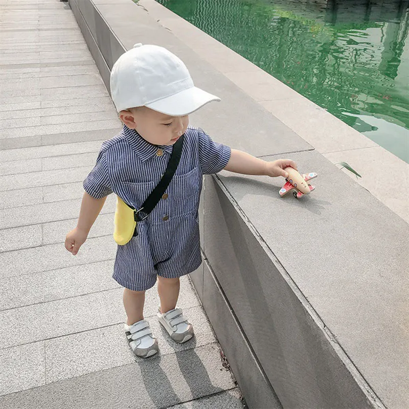 Mono de verano para bebé, ropa fina con botones de bolsillo, vaquero a rayas, de una pieza, para niños, niñas pequeñas niños