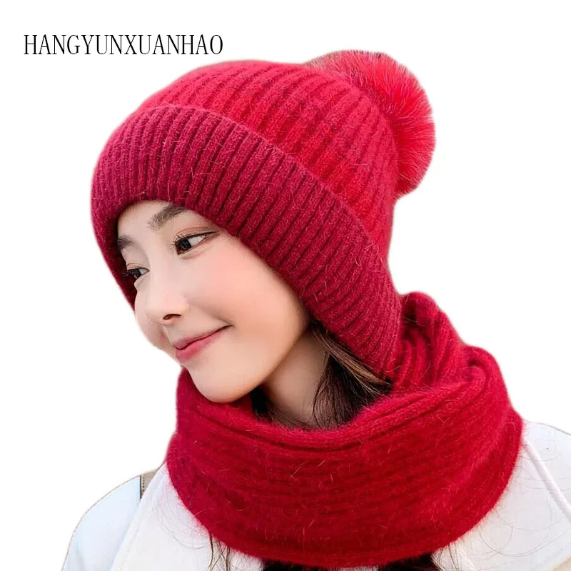

Winter Woman Plush Thicken Knitted Hat and Gloves Sets For Women Pus Velvet Warm Girls Pom Poms Scarf Beanie Gloves 3 pieces / s