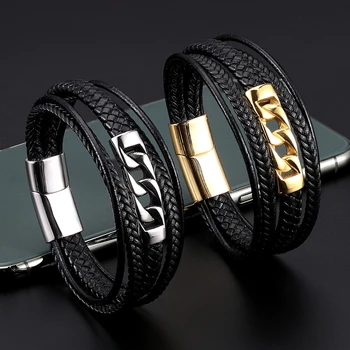 

Punk Genuine Leather Wrap Bracelet Men Women Multi-layer Gold/steel Magnet Buckle Homme Bangles & Bracelet Unisex Jewelry Gifts