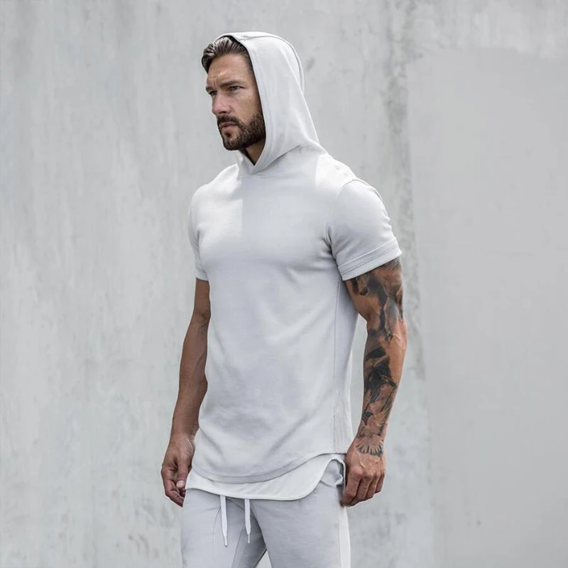 

Sport T Shirt Men Cotton Short Sleeve Hooded Sweatshirt Running T-Shirt Sportswear Bodybuilding Fitness Shirt slim fit Gym shirt
