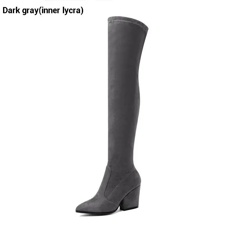 Dark gray(lycra) CDAXILAN/Новое поступление, Сапоги выше колена женские сапоги до бедра из искусственной замши женские зимние сапоги на высоком каблуке 8 см - Цвет: Dark gray(lycra)