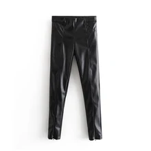 Женские стильные Стрейчевые брюки из искусственной кожи, одноцветные брюки-карандаш с высокой талией, длинные уличные брюки