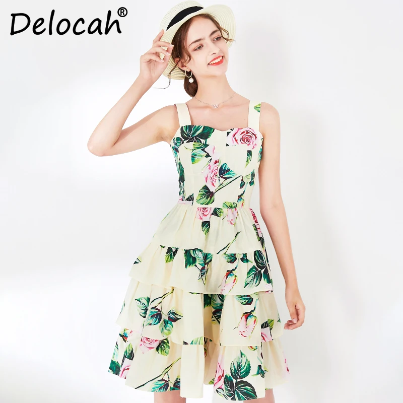 

Delocah 2020 Spring Summer Women Dress Runway Fashion Designer Sexy Spaghetti Strap Rose Printed Slim Ladys 100% Cotton Dresses