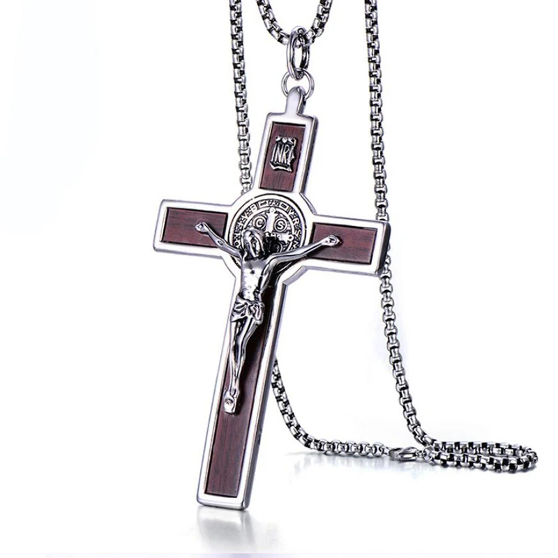 Stainless steel Stainless Steel Religious Necklace Big INRI Jesus Cross Crucifix Pendant Necklace Men Silver Color Classic Necklaces Catholic - Окраска металла: Stainless steel