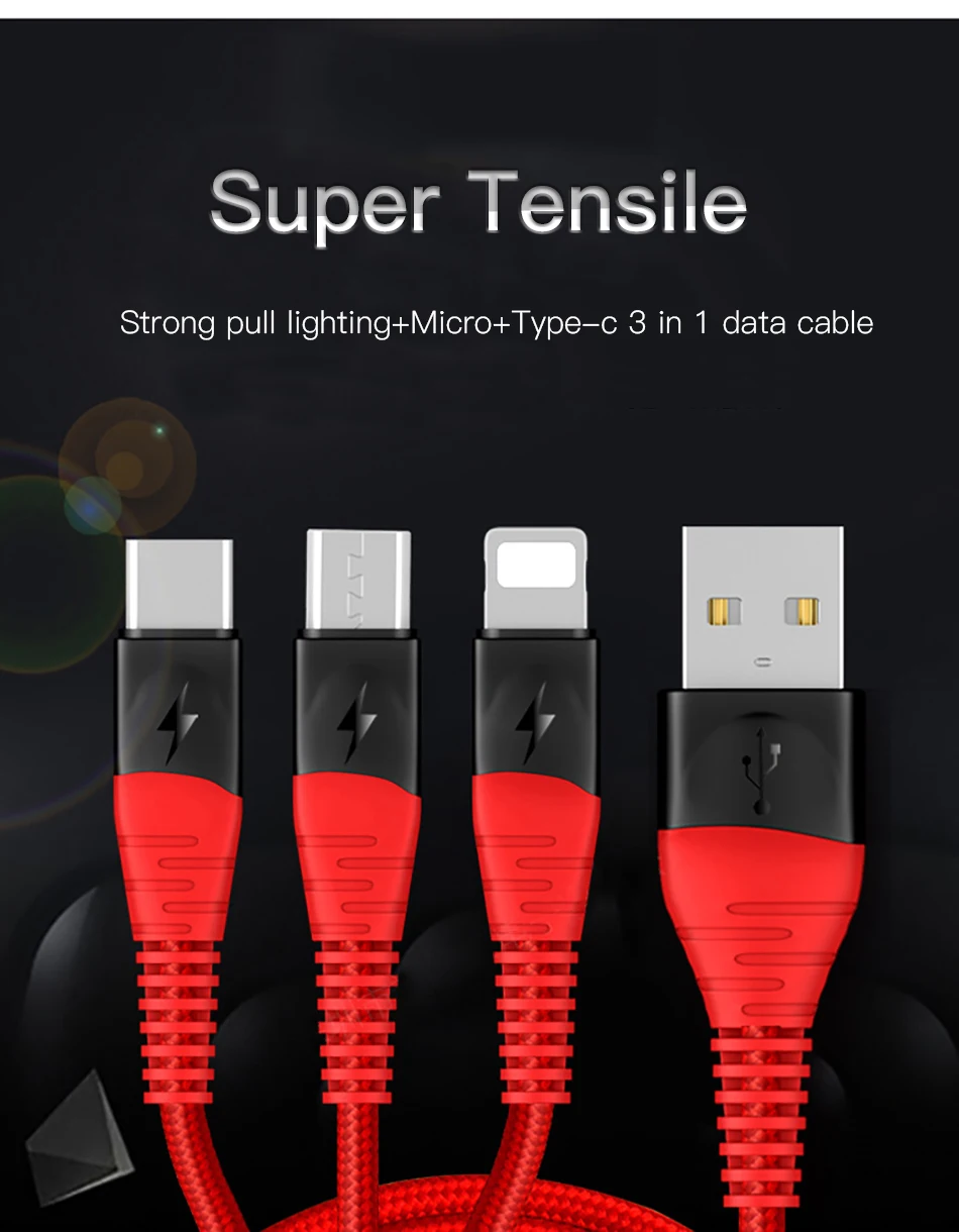 3 in 1 USB Cable for iPhone Xs max Xr X 8 7 6 plus 6s 3A Fast Charging Cable Cord (1)