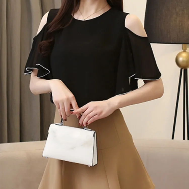 

Tide Vogue Female Cold Shoulder Black Shirts O-Neck Summer Short Sleeve Ruffles Chiffon Blouses