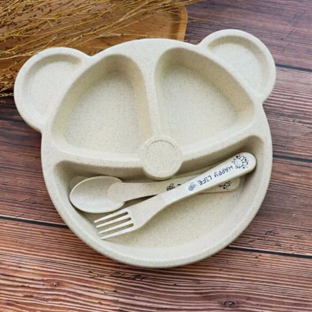 Детский столовый набор из пшеничной соломы с рисунком из мультфильма, детская посуда, поднос для завтрака, вилка и ложка