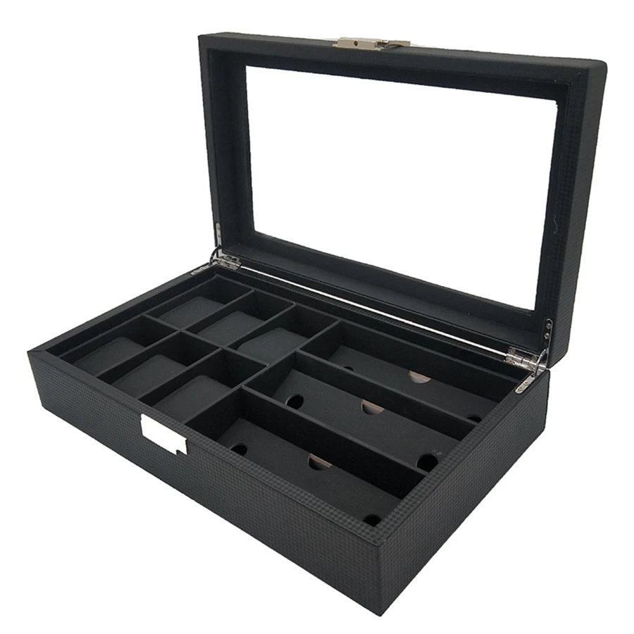 Black High Class Carbon Fiber 6+3 Mix Grids Watch Box Case Sunglasses Holder Storage Jewelry Collection Glasses Watch Display Holder - Цвет: Black