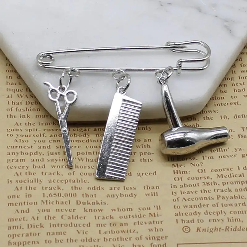 Creative hair stylist popular jewelry hairdressing scissors comb pendant wash and blow brooch