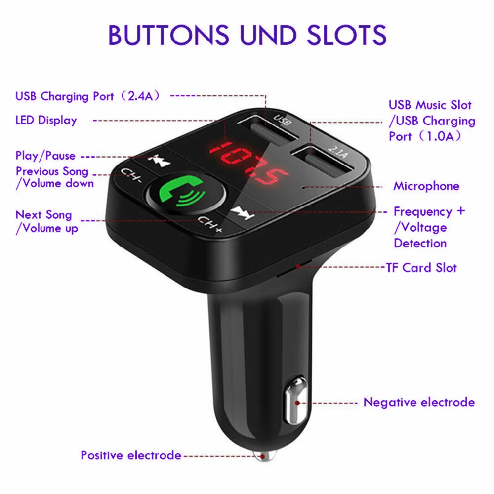 

Bluetooth Car FM Transmitter Wireless Radio Adapter USB Charger Mp3 Player Red Light Support while listening while charging