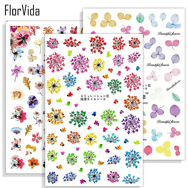 

FlorVida 1 Sheet Dried Flowers Nail Art Mix Dried Flowers Nail Decorations Leaf Design Stickers 3D Nail Art Sticker