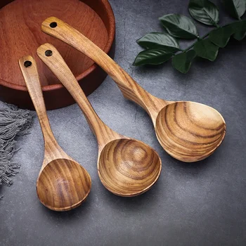 

3Pcs Natural Wooden Spoon Wood Soup Ladle Kitchen Tool Belt Hook Wooden Tableware Kitchenware Porridge Hook Spoon