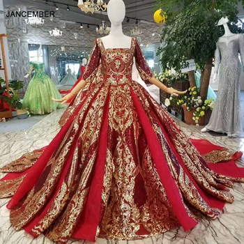 شراءLSS123 فساتين سهرة فاخرة للنساء لامعة طوق أحمر مربع نصف كم مفتوحة الظهر الدانتيل الذهبي فساتين سهرة طويلة مع القطار