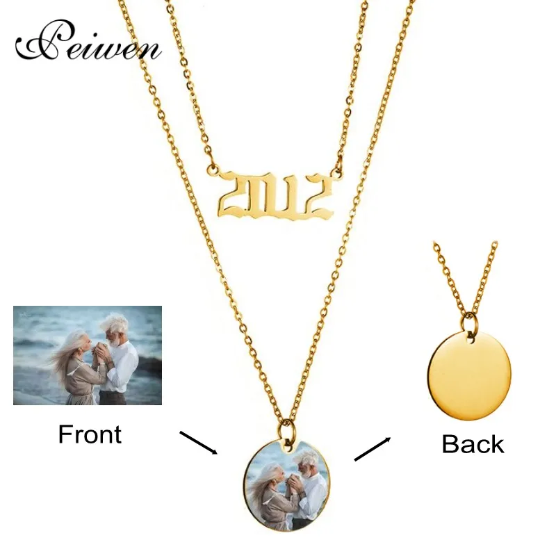 Year Number 1980-2019 Layered Necklaces Stainless Steel Round Pendant Custom Color Photo Engrave Text Chain Choker Birthday Gift | Украшения