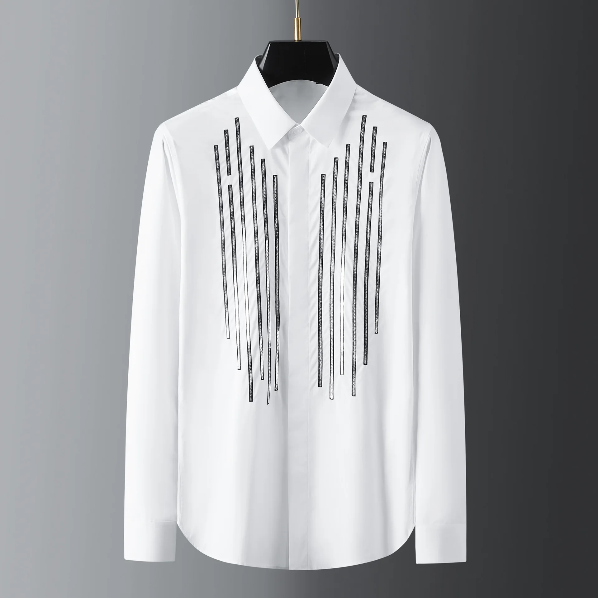 Minglu Cotton Male Shirts Luxury Long Sleeve Sequin Embroidery Casual
