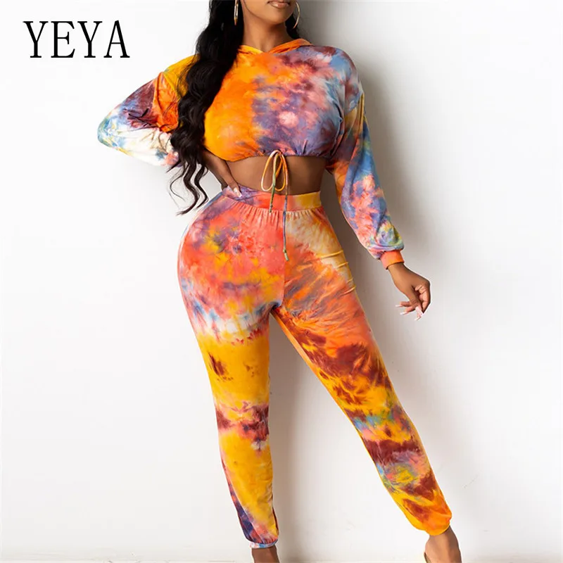 

YEYA Tie Dye Print Women Two Piece Set Sportwear Long Sleeve Mini Hoodies Tops Pencil Pants Suit Tracksuit Matching Set Outfit