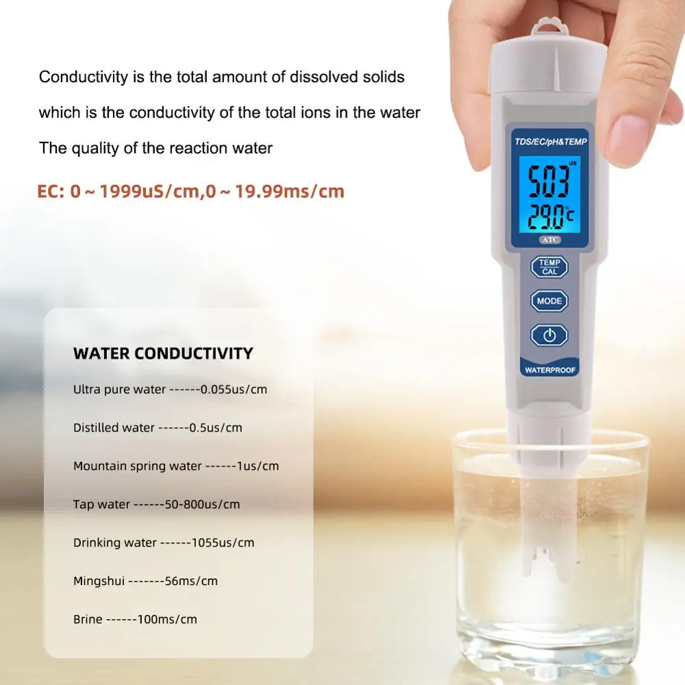 4 in 1 TDS PH Meter Digital Water Quality Monitor Tester For Pools Drinking Water Aquariums