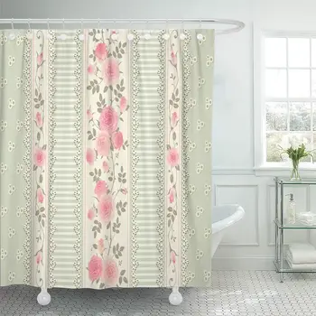 

Floral Collection 66 x 72 inches Green Delicate Floral Pattern with Laces Stripes and Pink Roses Shabby Shower Curtains