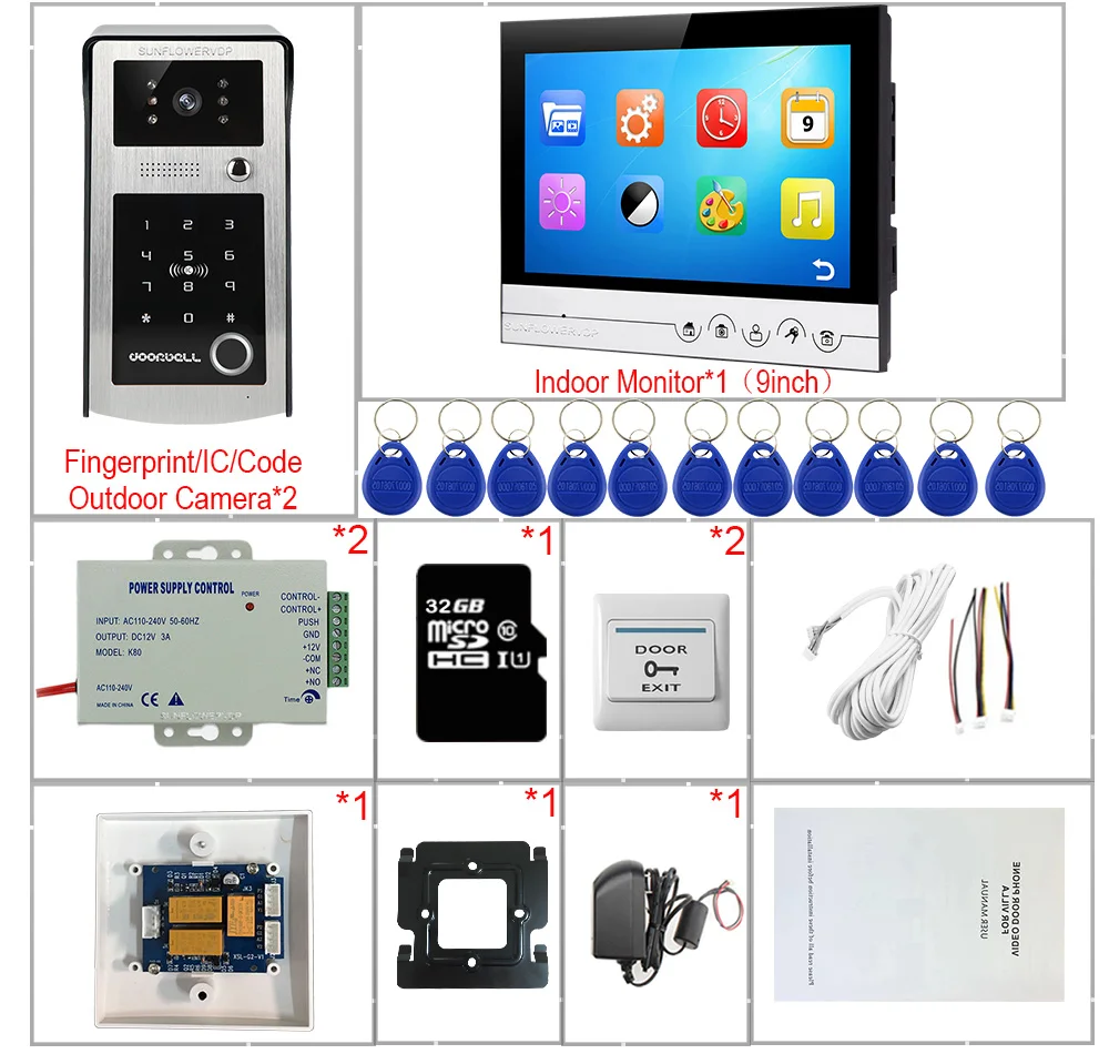 Intercoms for Apartment Fingerprint Video Intercom for Home +32GB 9 inches House Intercom With Recording Video Intercom Bell Kit