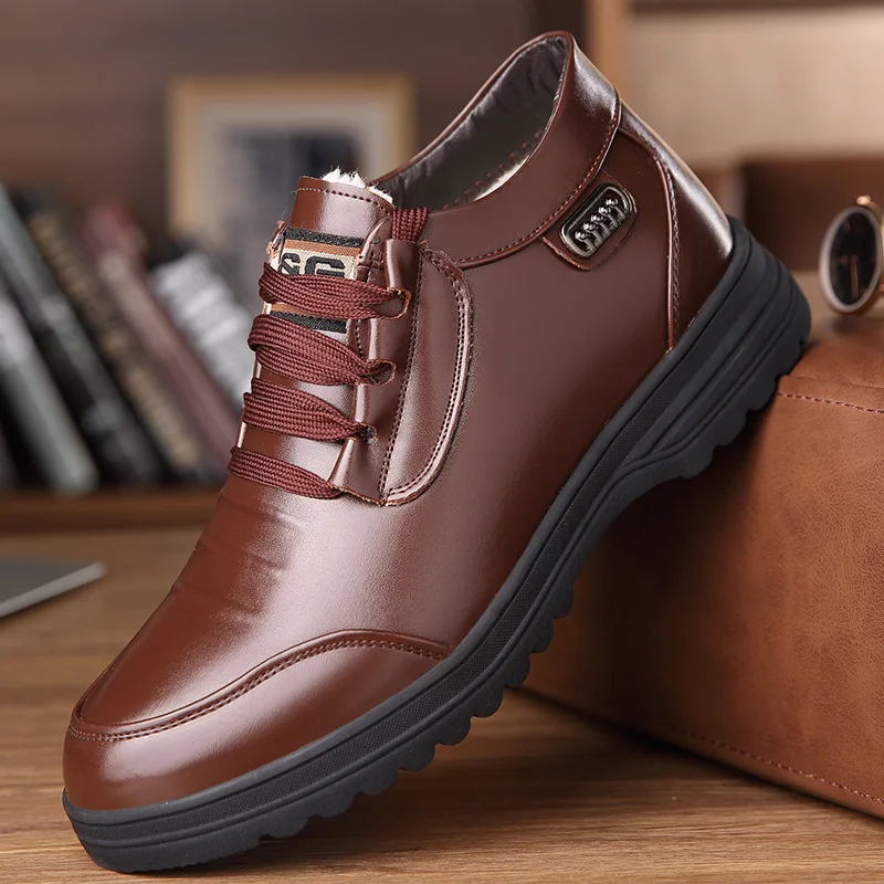 

Middle-aged Winter plus Velvet Thick Cotton Shoes Dad Shoes Hight-top Warm Boots Soft-Sole Snow Boots Casual Leather Shoes Men's