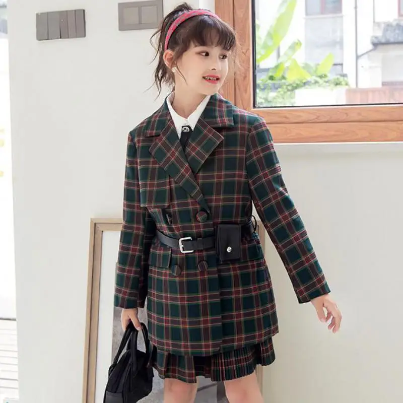 

5-14 Years 2 Piece Clothes Sets For Girls Children School Uniform Clothing 2PCS Fashion Plaid Coats And Skirts Outfits Suit