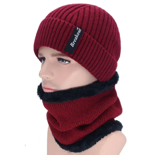 Бренд Skullies Beanies мужские зимние шапки для мужчин шарф зимняя шапка Beany вязаная шапка мужская Homme Gorro женские береты-кепки - Цвет: wine red set