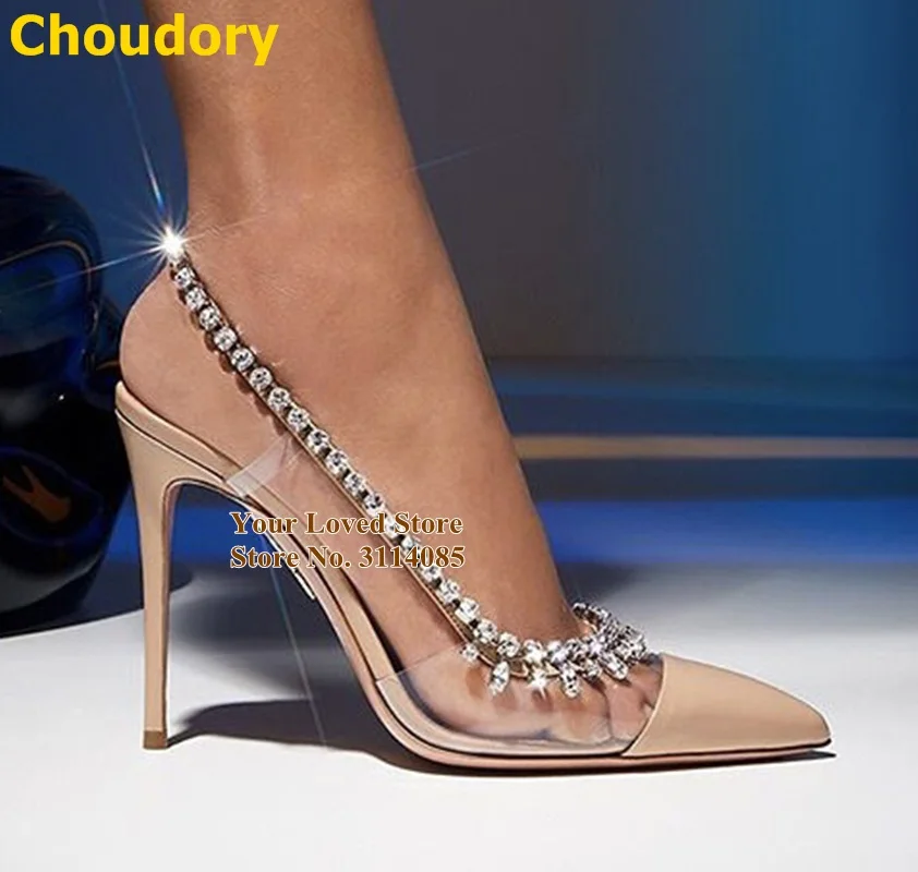 

Choudory Clear PVC Pointed Toe Rhinestone Pumps Slingback High Heels Bling Bling Crystal Fringe Wedding Shoes Patchwork Sandals