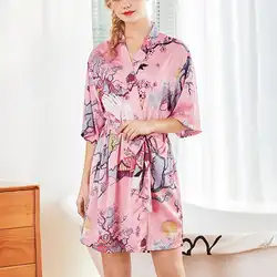 Осенняя Женская атласная одежда для сна халат пояс нижнее белье с принтом модный Удобный ночной халат с длинными рукавами Roupao Feminino 2019