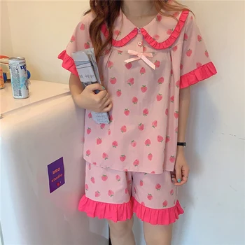 

Strawberry Print Doll Collar Pajamas Set Summer Women Sweet Sleepwear Short Sleeve Shorts Casual Loose Pijamas Leisure Wear S131