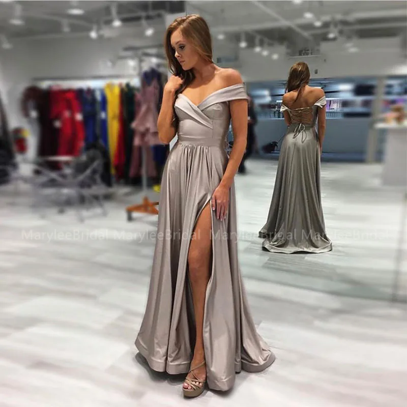 

Off Shoulder Gray Prom Dresses High Slit Long Women Formal Party Gowns Full Length Evening Dresses vestido de fiesta de gala