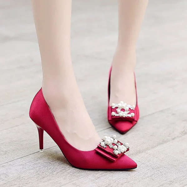 Элегантные тонкие туфли на высоком каблуке-шпильке с жемчугом и стразами; красные свадебные туфли; нарядные туфли-лодочки; атласная Женская обувь - Цвет: wine red 7 cm