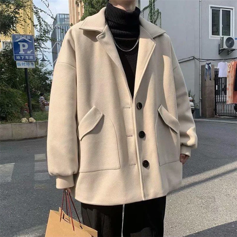 남성용 모직 코트, 턴다운 코트, 두꺼운 바람막이, 단색 싱글 브레스트 아우터, 남성 2021, 한국 패션, 가을, 겨울