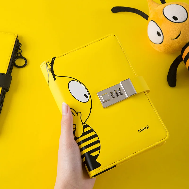 

A6 Binder Notebook with Lock Spiral Journal Cute Bee Diary Small Notepad Line Agenda Planner Organizer Note Book Rings Handbook