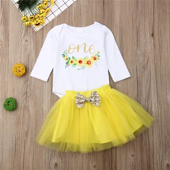 

2pcs Baby Girls Clothes Set White Floral Print Baby Bodysuit Yellow Lace Skirts Baby Girls Set One Year Birthday Party Clothing