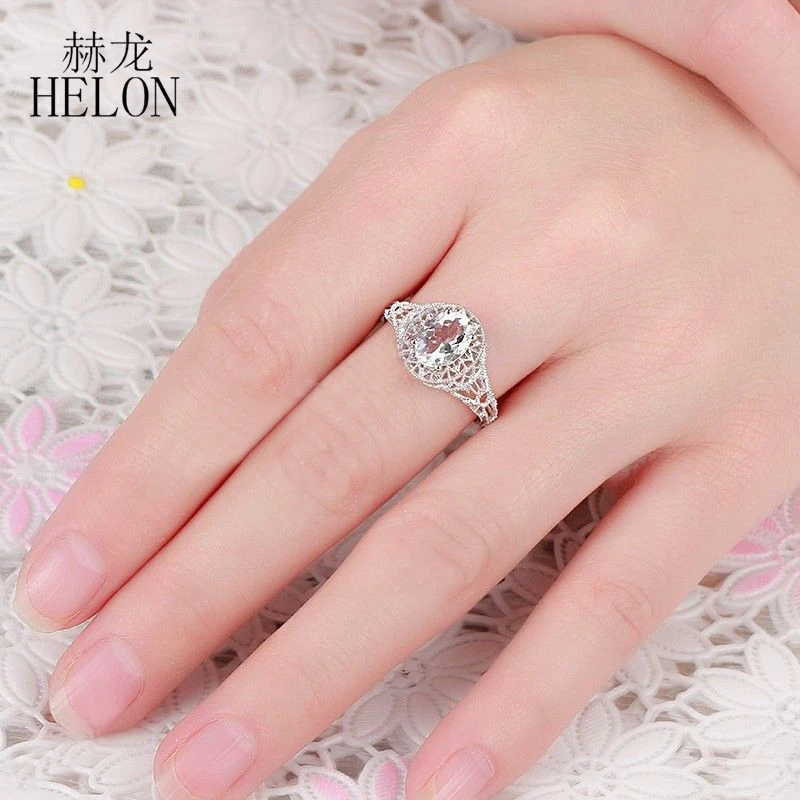 HELON Стерлинговое Серебро 925 Овальный 8x6 мм 1ct Натуральный аквамарин Кольцо женское свадебное Арт Деко античный Пасьянс драгоценный камень Ювелирное кольцо