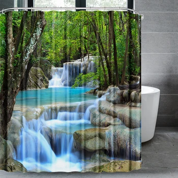 

180X200CM Green Shower Curtain Tropical Waterfall Stream Flowing Forest Scenery Bathroom Shower Curtain with Hooks Bathroom Set