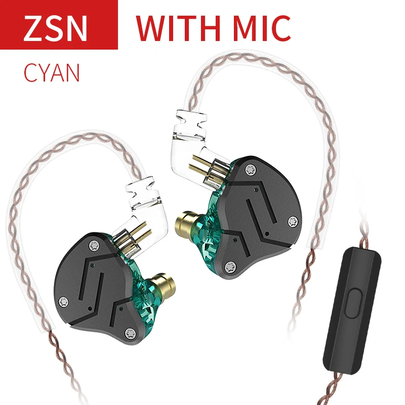 KZ ZSN 1BA+ 1DD гибридные наушники диджея монитор наушники для бега HIFI гарнитура вкладыши съемный Отсоединяемый 2Pin кабель KZ BA10 - Цвет: Cyan with mic