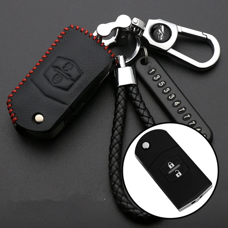 Auto Car Key Holder Cover Key Chain Bag Genuine Leather Remote Fob  Case 