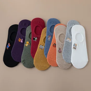 

2020 Summer Cartoon Animal Socks Women Solid Cotton Short Socks Slippers Embroidered Breathable Art Socks No Show Hipster Trendy