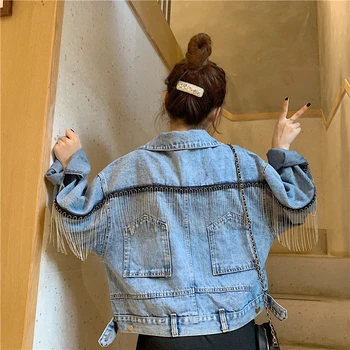 

Korean Denim Patchwork Tassel Jacket For Women Lapel Collar Long Sleeve Large Size Loose Casual Coats Female 2020 New T776