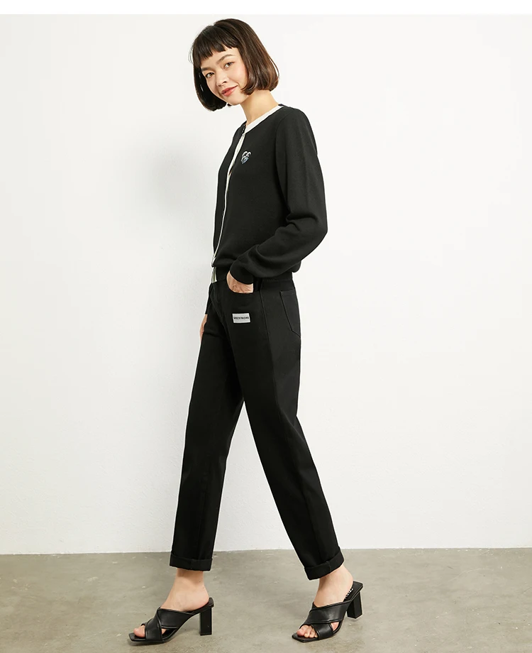 AMII Minimalism Autumn Fashion Embroidery Female Jeans Causal Cotton High Waist Straight Ankel-length Female Jeans 12070215