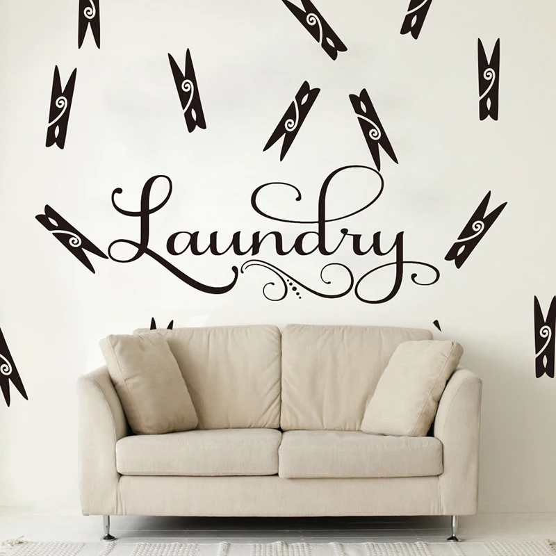 Large Laundry  Clothes Pin Wall Sticker Washroom Laundry Words Flower ClothesPin Peg Wall Decal Vinyl Home Decor (1)
