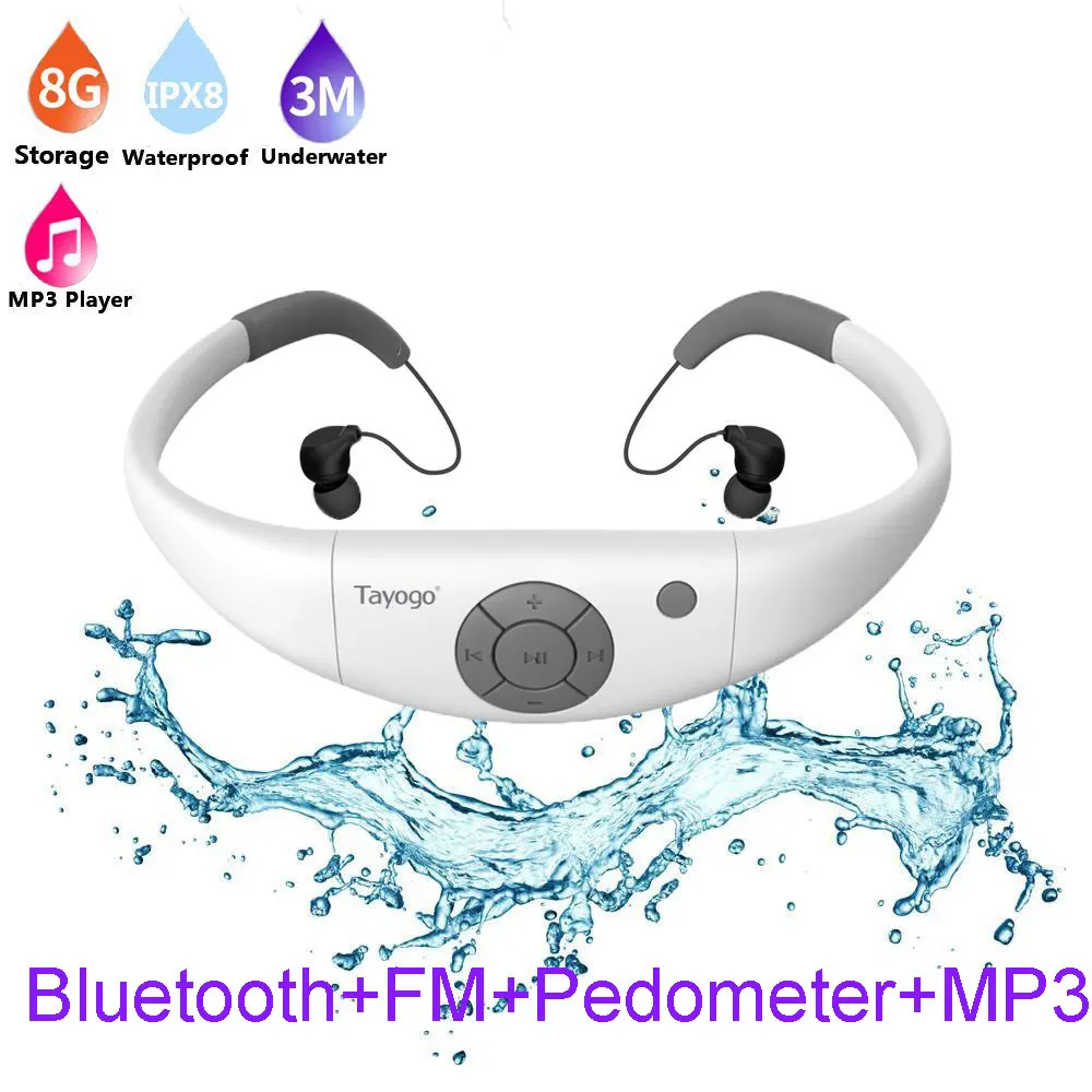 white with bluetooth Tayogo W12 HIFI гарнитура для плавания MP3 музыкальный плеер с Bluetooth FM радио шагомер IPX8 водонепроницаемые наушники спортивные mp3-плеер - Цвет: white with bluetooth