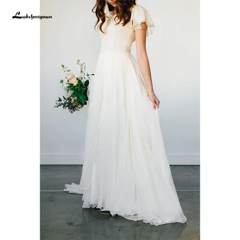 

Flowy Chiffon Modest Wedding Dresses 2020 Beach Short Sleeves Beaded Belt Temple Bridal Gowns Boho Wedding Gowns