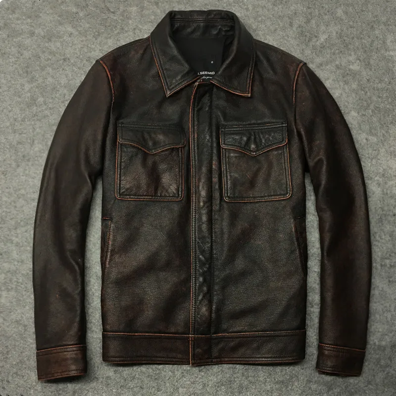 

2020 Retro Genuine Jacket Men Short Cowhide Autumn Coat Real Cow Leather Jackets Motorcycle Deri Ceket 1222-8 KJ2274